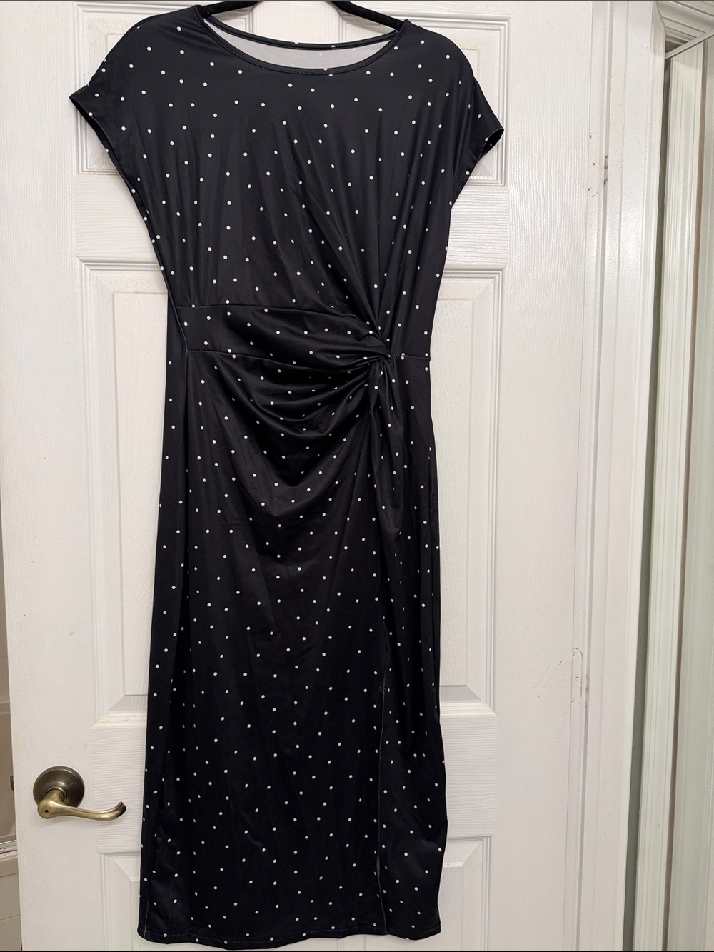 SHEIN Black Midi Dress with White Polka Dots and Knot Waist
